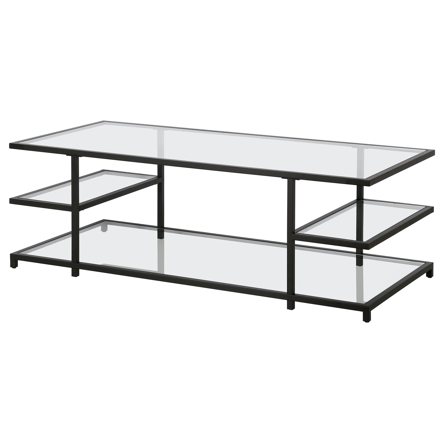 54" Black Glass And Steel Coffee Table With Three Shelves