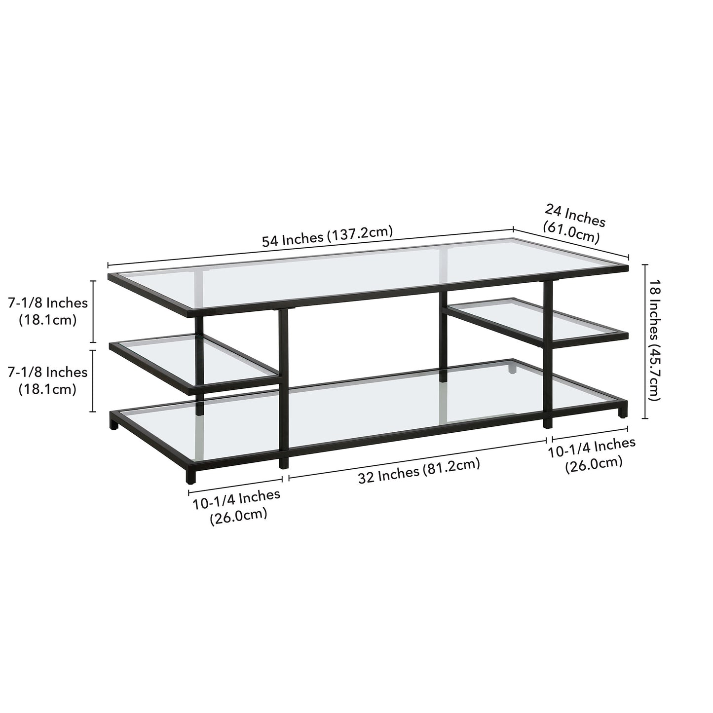 54" Black Glass And Steel Coffee Table With Three Shelves