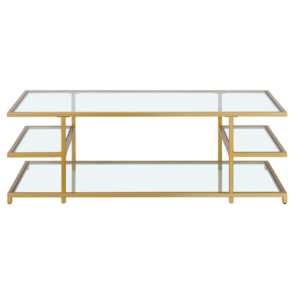 54" Gold Glass And Steel Coffee Table With Three Shelves