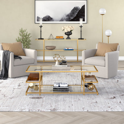 54" Gold Glass And Steel Coffee Table With Three Shelves