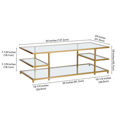 54" Gold Glass And Steel Coffee Table With Three Shelves