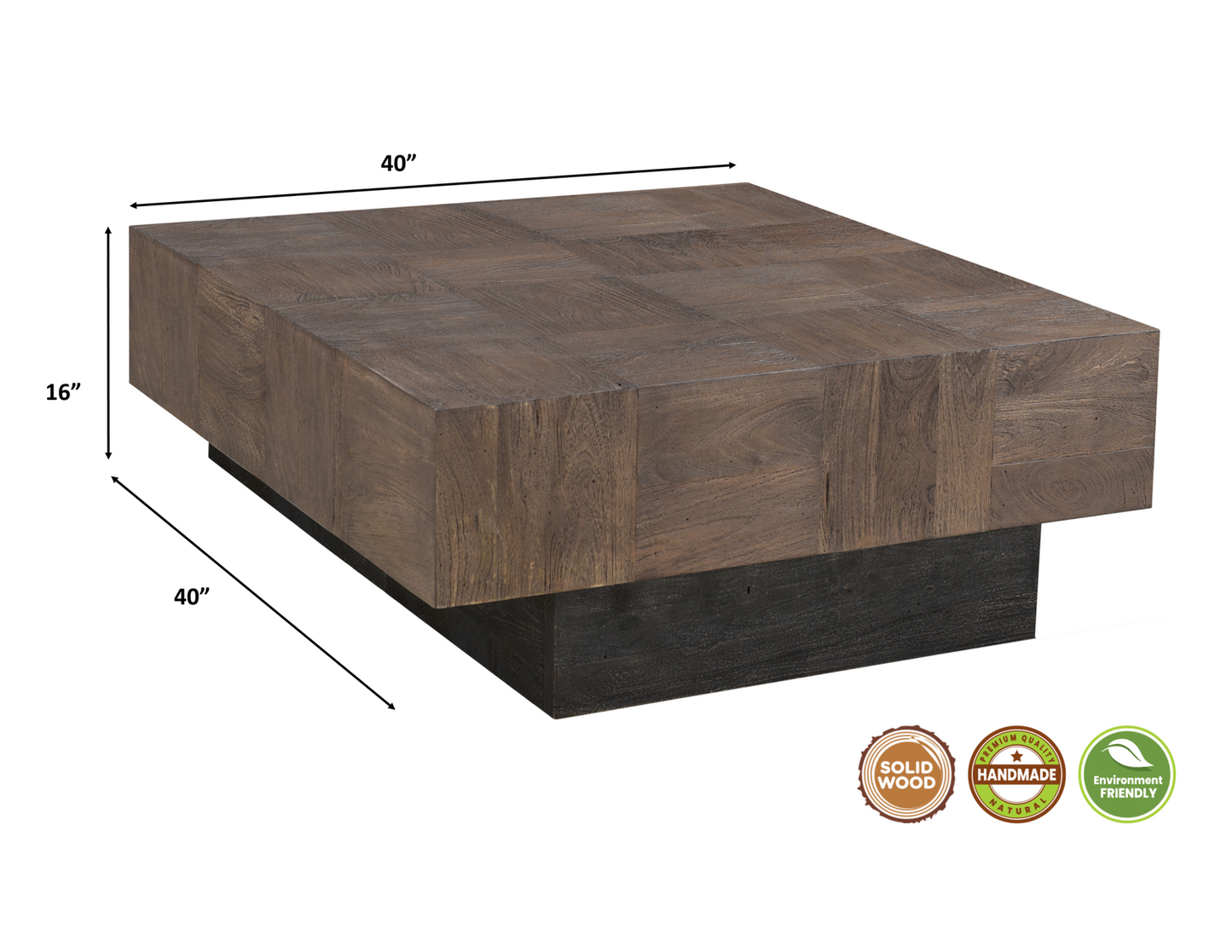 40" Dark Brown And Black Solid Wood Square Coffee Table