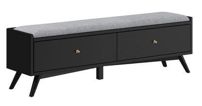 59" Gray And Black Fabric And Solid Wood Upholstered Storage Bench With Drawers