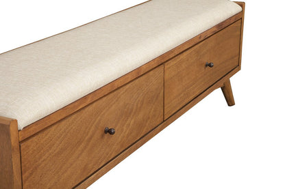 59" Beige And Brown Fabric And Solid Wood Upholstered Storage Bench With Drawers
