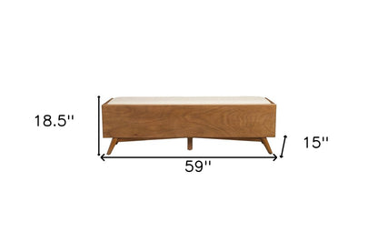 59" Beige And Brown Fabric And Solid Wood Upholstered Storage Bench With Drawers