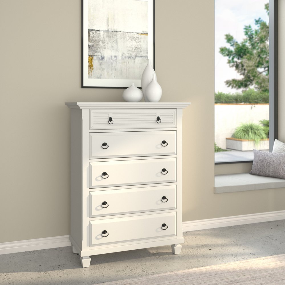 38" White Solid Wood Five Drawer Dresser