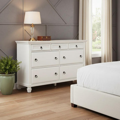 62" White Solid Wood Seven Drawer Double Dresser