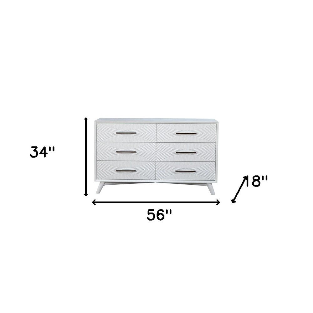 56" White Carved Geometric Solid Wood Six Drawer Double Dresser