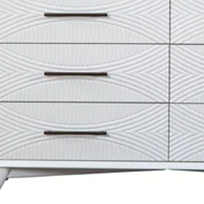 56" White Carved Geometric Solid Wood Six Drawer Double Dresser