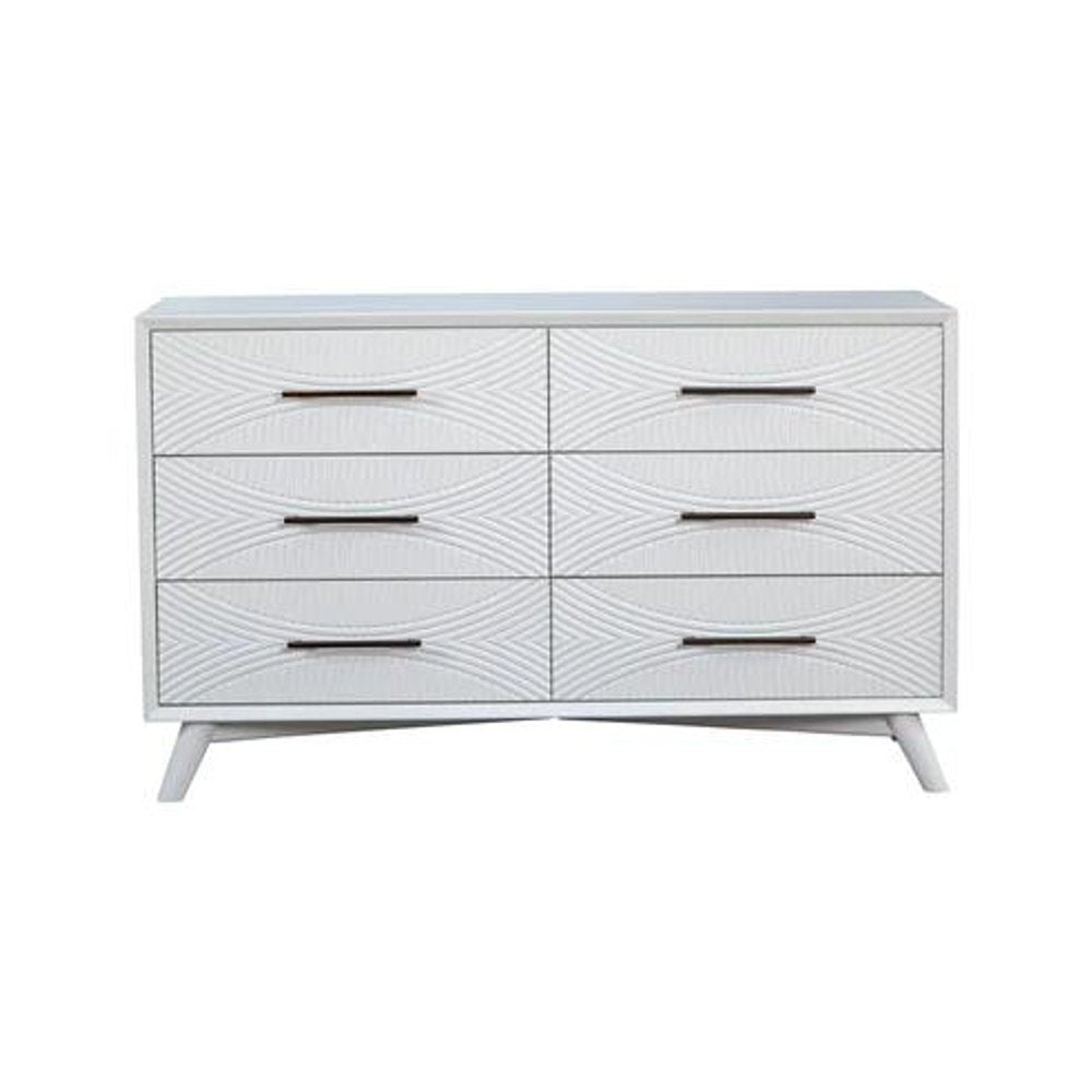 56" White Carved Geometric Solid Wood Six Drawer Double Dresser