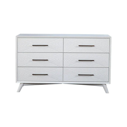 56" White Carved Geometric Solid Wood Six Drawer Double Dresser
