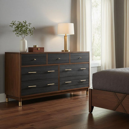 62" Brown And Black Solid Wood Seven Drawer Double Dresser