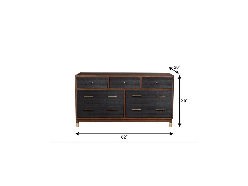 62" Brown And Black Solid Wood Seven Drawer Double Dresser