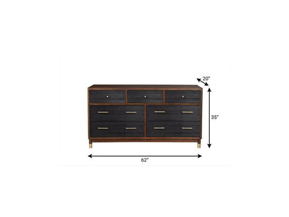 62" Brown And Black Solid Wood Seven Drawer Double Dresser