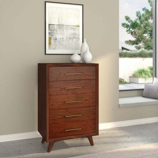 28" Brown Solid Wood Five Drawer Dresser