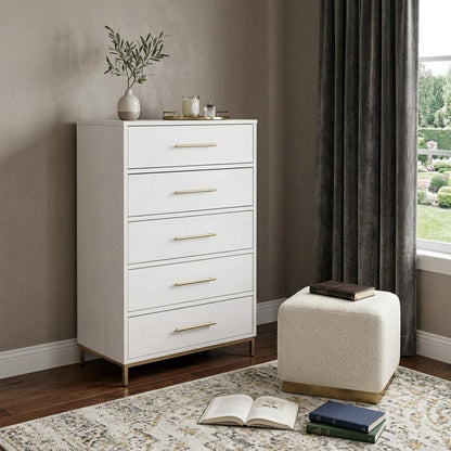 30" White Solid Wood Five Drawer Dresser