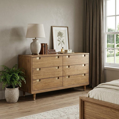60" Brown Solid Wood Six Drawer Double Dresser