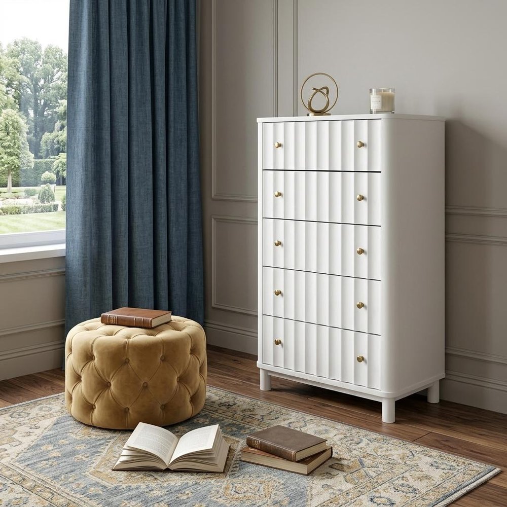 28" White Solid Wood Five Drawer Dresser
