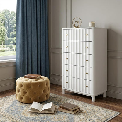 28" White Solid Wood Five Drawer Dresser