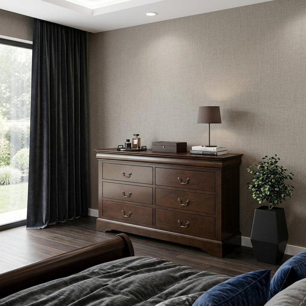 60" Brown Solid Wood Six Drawer Double Dresser