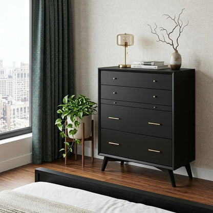 38" Black Solid Wood Four Drawer Dresser
