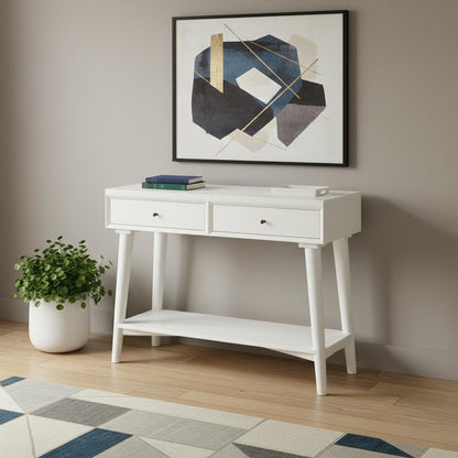 42" White Solid Wood Console Table With Shelves And Drawers