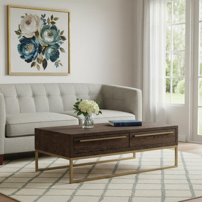 47" Dark Brown And Gold Metal Coffee Table With Drawer