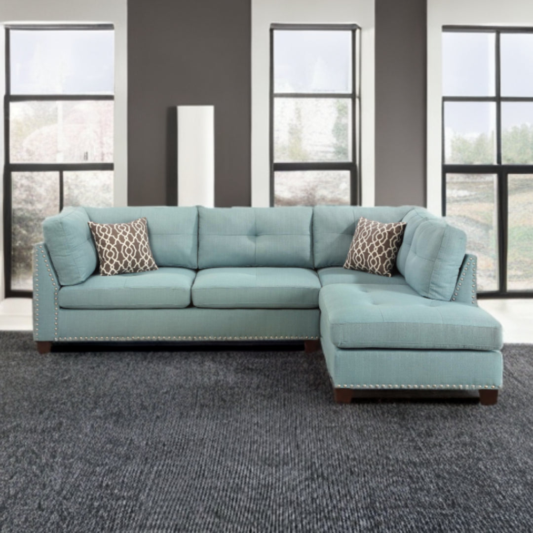 Teal Blue Linen L Shaped Three Piece Sofa and Chaise Sectional And Toss Pillows