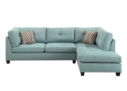 Teal Blue Linen L Shaped Three Piece Sofa and Chaise Sectional And Toss Pillows