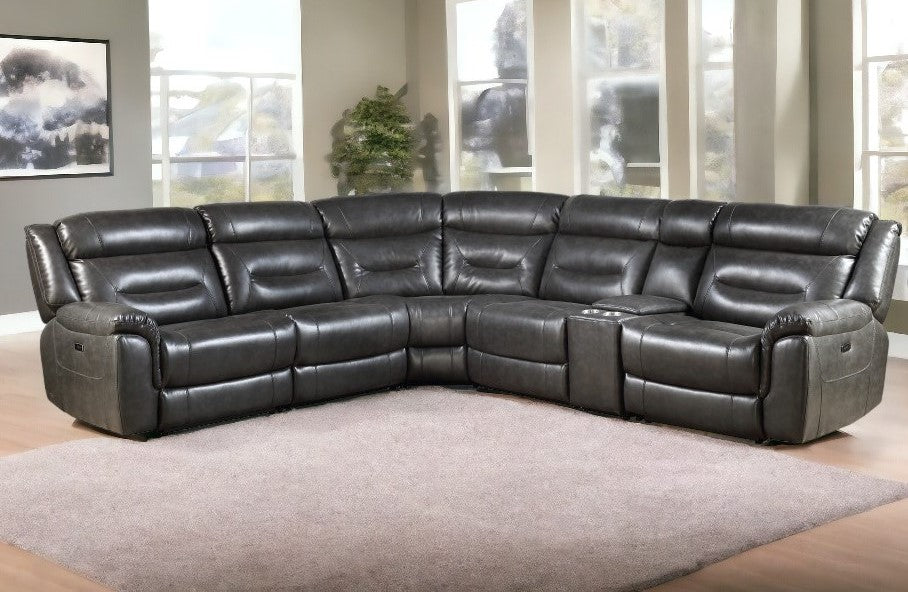 Gray Faux Leather Power Reclining L Shaped Six Piece Corner Sectional With Console