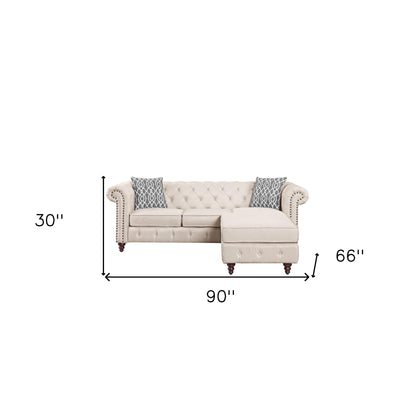 Beige Linen L Shaped Sofa and Chaise Sectional And Toss Pillows