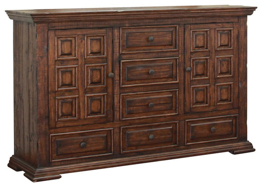 42" Chocolate Carved Geometric Solid Wood Two Door Six Drawer Combo Dresser