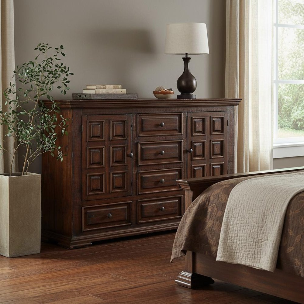 42" Chocolate Carved Geometric Solid Wood Two Door Six Drawer Combo Dresser