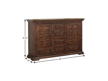 42" Chocolate Carved Geometric Solid Wood Two Door Six Drawer Combo Dresser