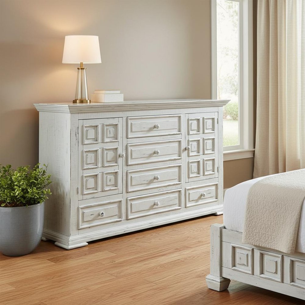 43" White Carved Geometric Solid Wood Two Door Six Drawer Combo Dresser