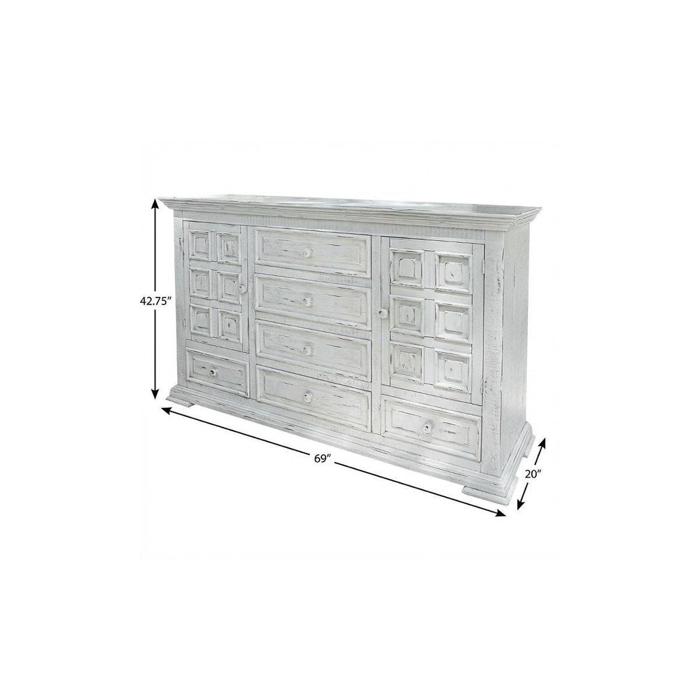 43" White Carved Geometric Solid Wood Two Door Six Drawer Combo Dresser