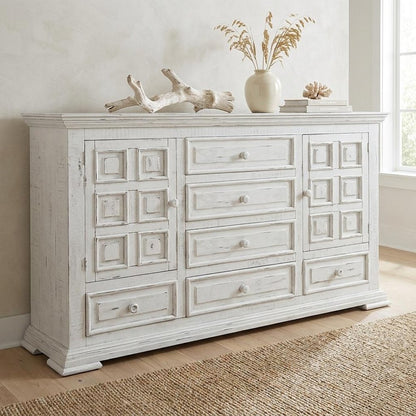 43" White Carved Geometric Solid Wood Two Door Six Drawer Combo Dresser