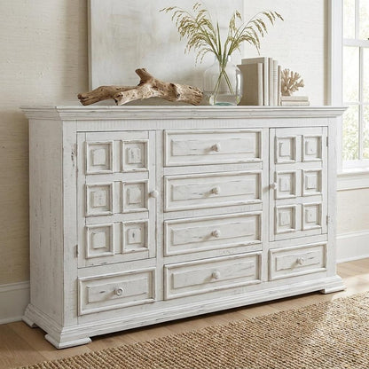 43" White Carved Geometric Solid Wood Two Door Six Drawer Combo Dresser