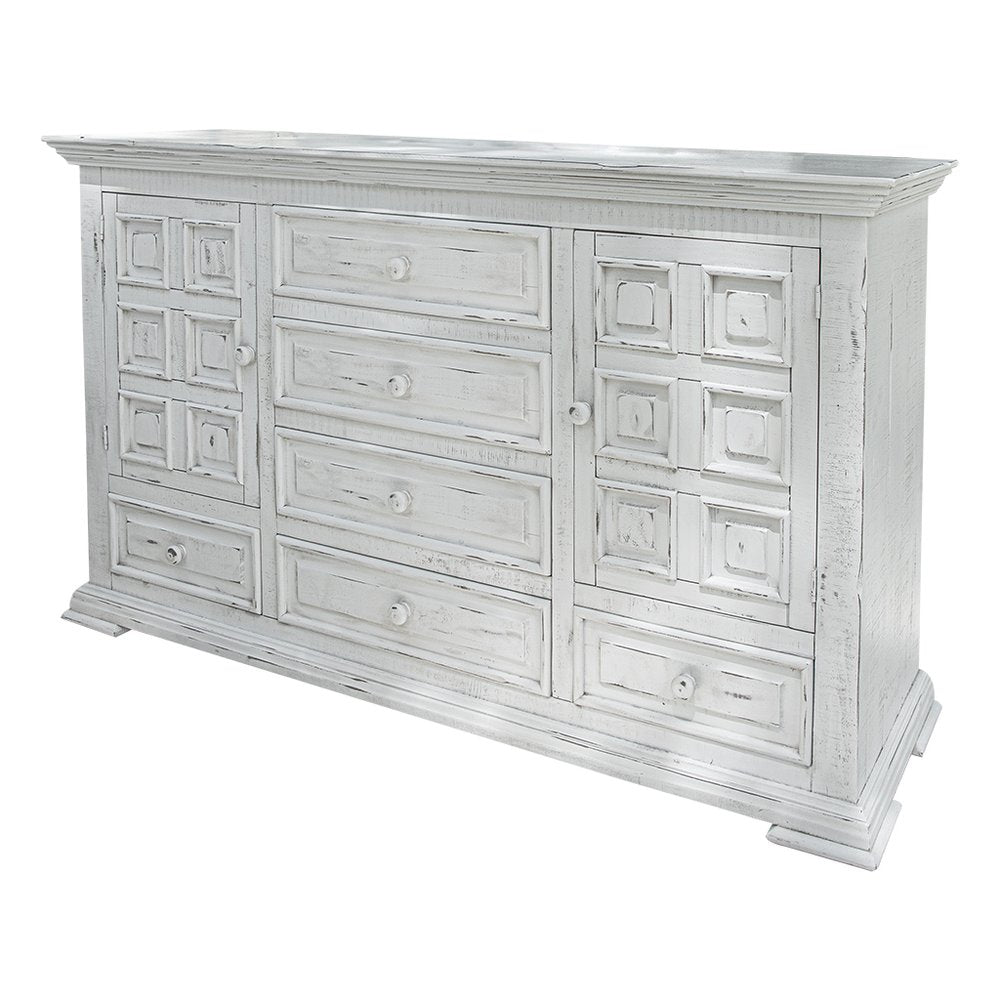 43" White Carved Geometric Solid Wood Two Door Six Drawer Combo Dresser