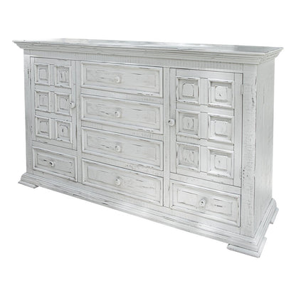 43" White Carved Geometric Solid Wood Two Door Six Drawer Combo Dresser