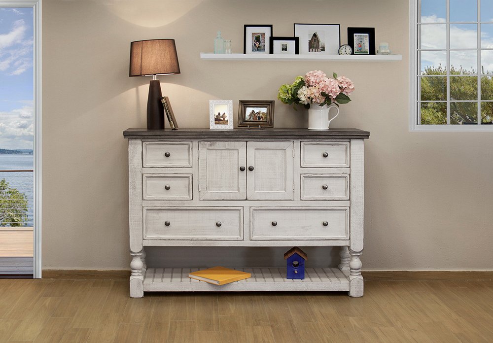 62" Gray And Ivory Solid Wood Six Drawer Triple Dresser