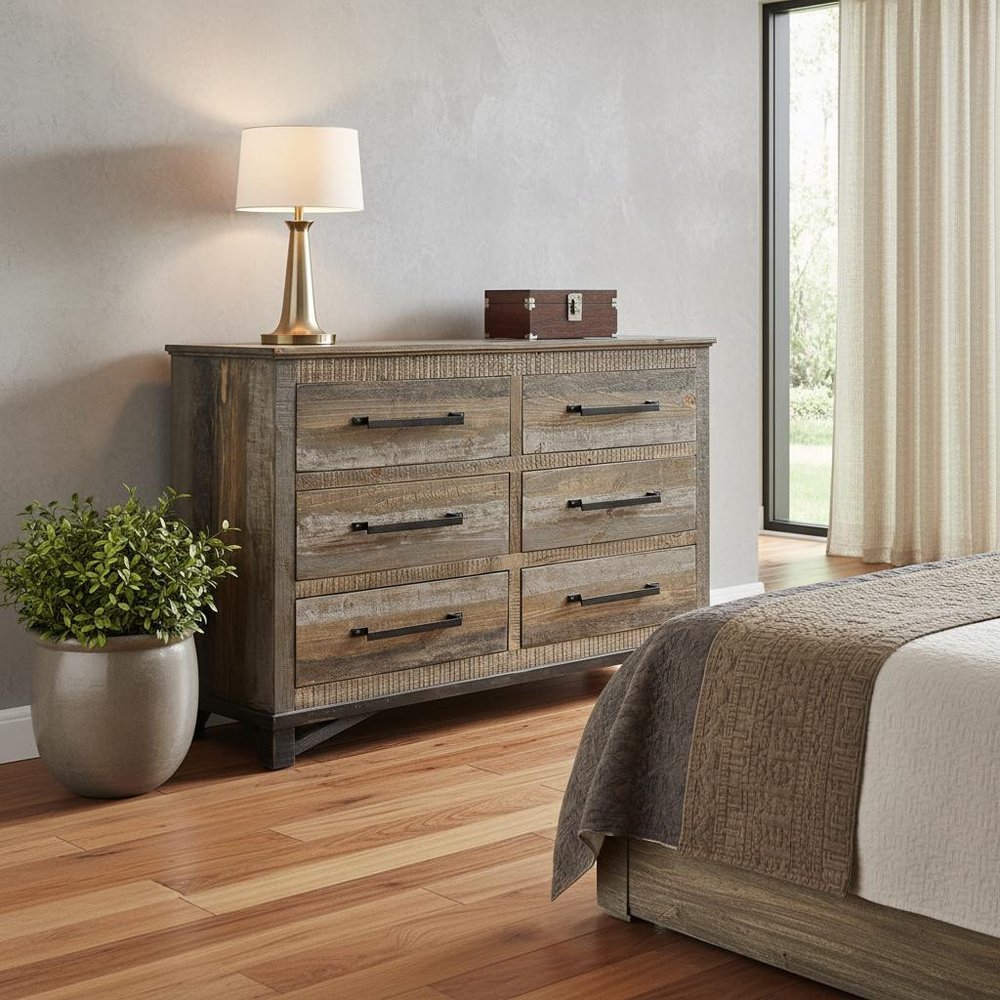62" Brown And Gray Solid Wood Six Drawer Double Dresser