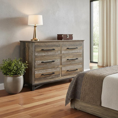 62" Brown And Gray Solid Wood Six Drawer Double Dresser