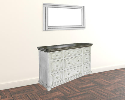 62" Gray and Ivory Solid Wood Nine Drawer Triple Dresser