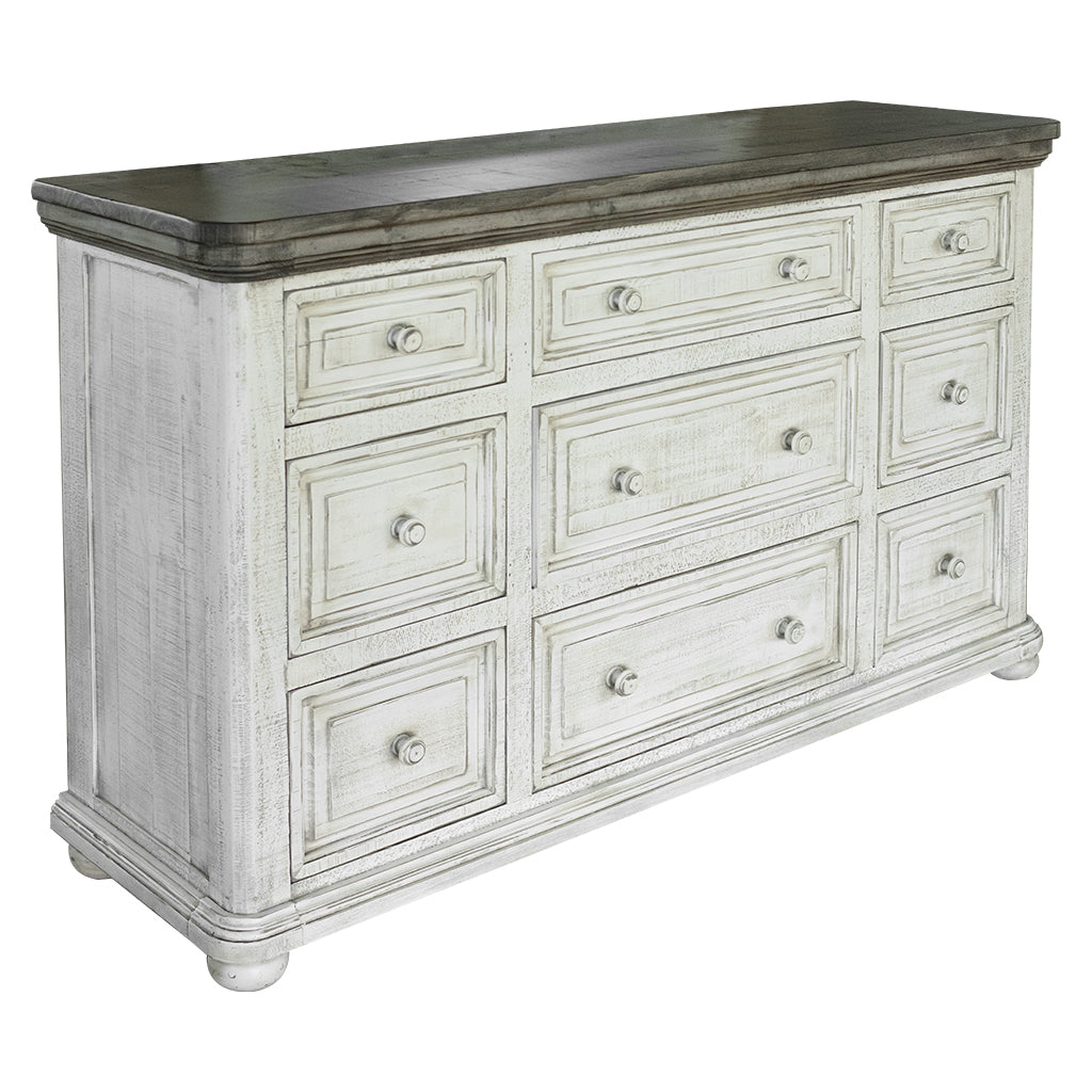 62" Gray and Ivory Solid Wood Nine Drawer Triple Dresser