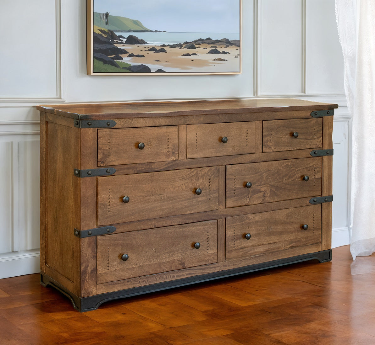 70" Brown and Black Solid Wood Seven Drawer Triple Dresser