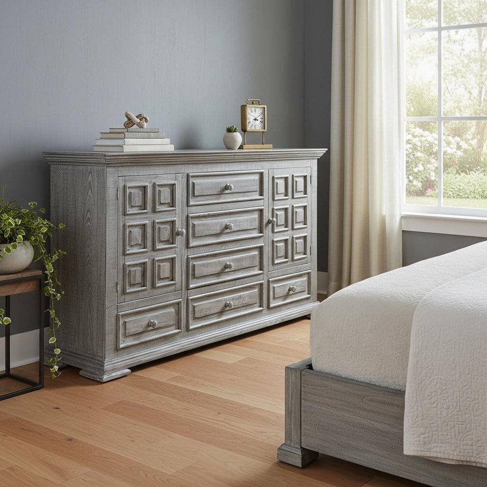 43" Gray Raised Panel Solid Wood Two Door Six Drawer Combo Dresser
