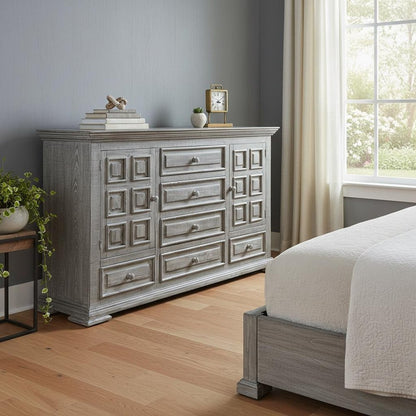 43" Gray Raised Panel Solid Wood Two Door Six Drawer Combo Dresser