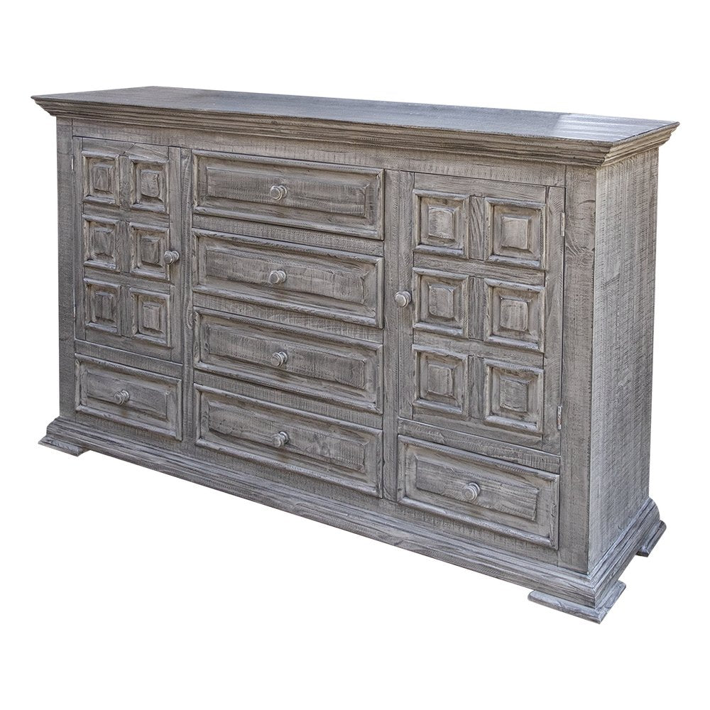 43" Gray Raised Panel Solid Wood Two Door Six Drawer Combo Dresser