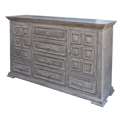 39" Gray Carved Geometric Solid Wood Two Door Six Drawer Combo Dresser